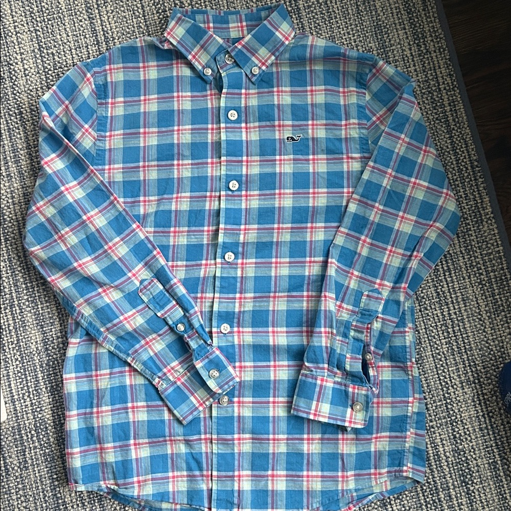 Boys Vineyard Vines Plaid Button-Down Shirt - Blue, Pink & White